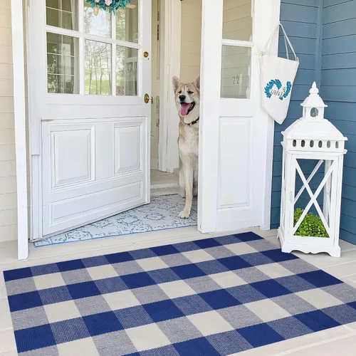 Miniatura 3 de SEEKSEE - Alfombra de algodón a cuadros de búfalo 27.5"x43" azul y blanco, alfombra lavable para felpudo, alfombras de interior y exterior
