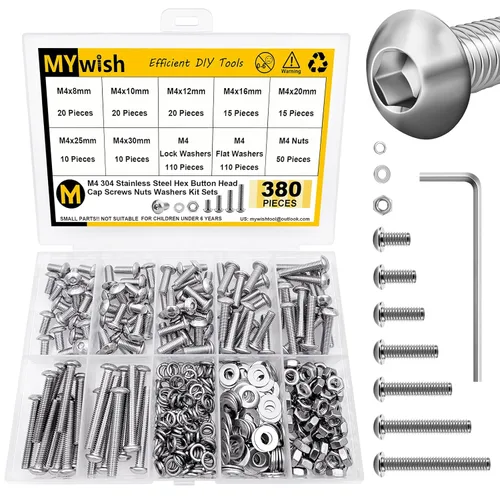 Mywish Kit surtido de 380 tuercas y tornillos M4, 304 tornillos métricos, tornillos métricos, tornillos métricos, arandelas de bloqueo plano y SIiver