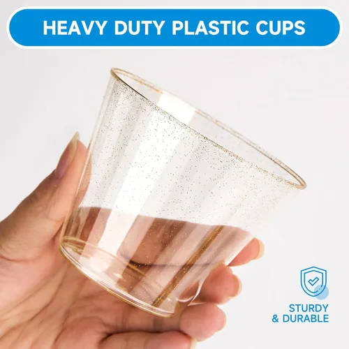 Miniatura 3 de RACETOP 9 oz 100 Pack Gold Glitter Plastic Cups, Disposable Gold Glitter Clear Plastic Cups for Parties, Gatherings, Weddings, and Festival Events