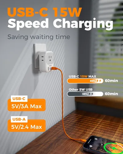 Miniatura 4 de Adaptador de toma de 2 a 3 clavijas, TESSAN Adaptador de enchufe de EE. UU. a Japón, paquete de 2 con 4 salidas, 3 USB (2 USB-C), adaptador