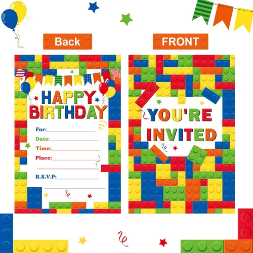 Miniatura 3 de Nezyo Paquete de 30 invitaciones para fiesta de cumpleaños de niños, suministros de fiesta de niños, regalos de ladrillos apilables, juego