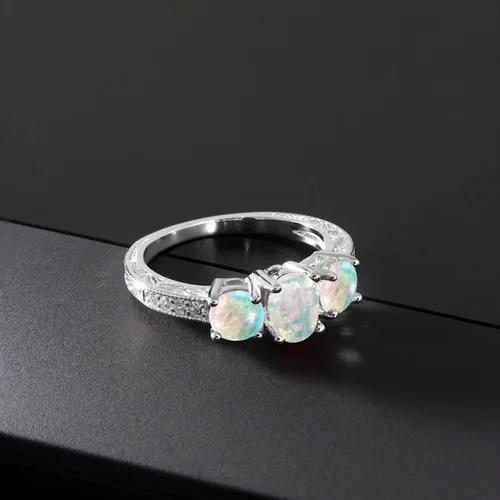 Miniatura 5 de Gem Stone King Anillo de compromiso de 3 piedras preciosas de oro blanco de 10 quilates con piedra natal y diamantes cultivados en laboratorio