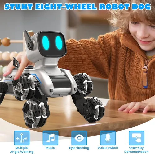 Miniatura 2 de SIMREX Robot Perro RC Coche de Acrobacias Juguetes - Coche de control remoto con detección de gestos con ruedas Mecanum, ojos LED, 3 efectos