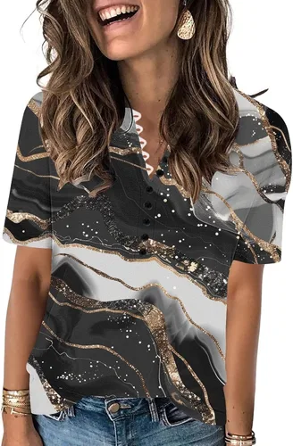 Miniatura 165 de Summer Shirts for Women 2025 Plus Size Short Sleeve Henley Tops Marble Floral Loose Tshirt Tee Casual Dressy Tunics