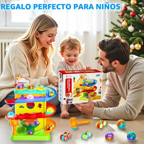 Miniatura 6 de Funwee 2 en 1 Juego de Bola Rodante y Rampa de Coches de Carreras para Niños Pequeños, Pista de Carreras con Martillo, Luces y Bolas que Caen, Juego