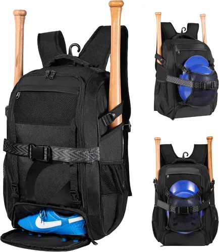 Miniatura 8 de Mochila grande de béisbol para adultos y jóvenes, bolsa de bate de sóftbol de 42L con casco ajustable desmontable con bolsillo de malla, ajuste