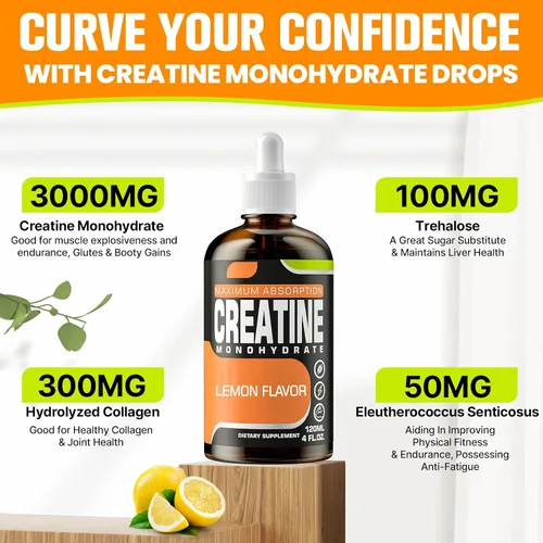 Miniatura 4 de Monohidrato de creatina, creatina líquida para masa muscular, fuerza, glúteos, glúteos y resistencia, creatina para mujeres y hombres con colágeno