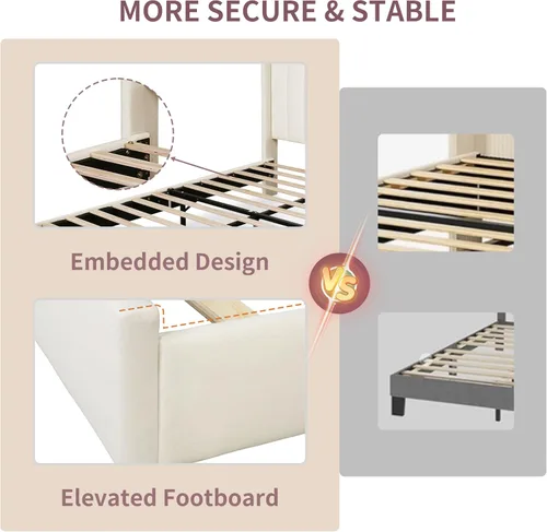 Miniatura 4 de Base de cama Queen con cabecero, base de cama de plataforma con respaldo de terciopelo vertical copetudo, soporte de listones de madera, no necesita