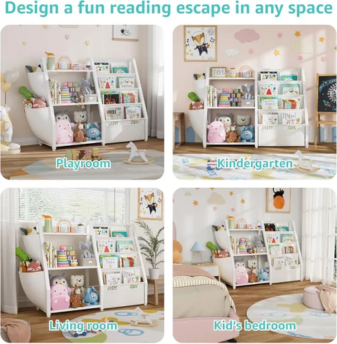Miniatura 6 de Estantería para niños y almacenamiento de juguetes, organizador de juguetes con estante para libros de 3 niveles, estantería pequeña con eslinga