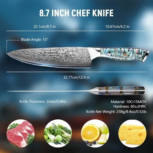 Miniatura 5 de Cuchillo de chef de acero de Damasco de 8 pulgadas, hoja profesional japonesa 10Cr15MOV con patrón de martillo forjado a mano, cuchillo de cocina