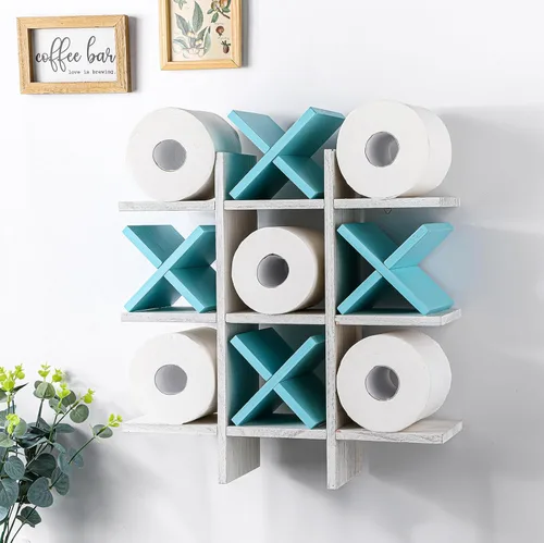 Miniatura 24 de Weysat Soporte de Papel Higiénico Tic Tac Toe Decoración de Pared de Baño Almacenamiento Colgante de Madera Rústica Estantes Independientes Montados