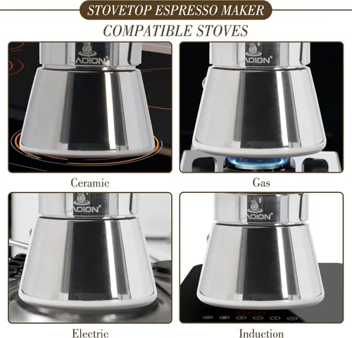 Miniatura 4 de LAOION Cafetera de café expreso, 3 tazas de 5.4 fl oz, cafetera de cristal y acero inoxidable, cafetera moca, cafetera Greca de Café, cafetera