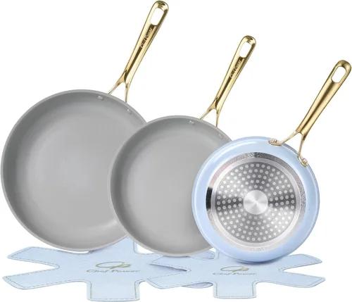 Miniatura 13 de Chef Power Sartén de cerámica con mango de acero inoxidable, juego de 5 piezas, sartén antiadherente, apta para lavavajillas y horno, gris azul