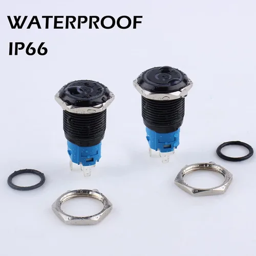 Miniatura 5 de 2 piezas interruptor de botón pulsador con pestillo de 16mm, 12V-24V, encendido/apagado, 1NO 1NC, impermeable IP66, carcasa de metal negro