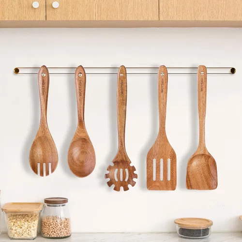 Miniatura 8 de Cucharas de madera para cocinar, juego de utensilios de cocina de madera de 5 piezas hechos de material de madera maciza natural, incluye cucharas