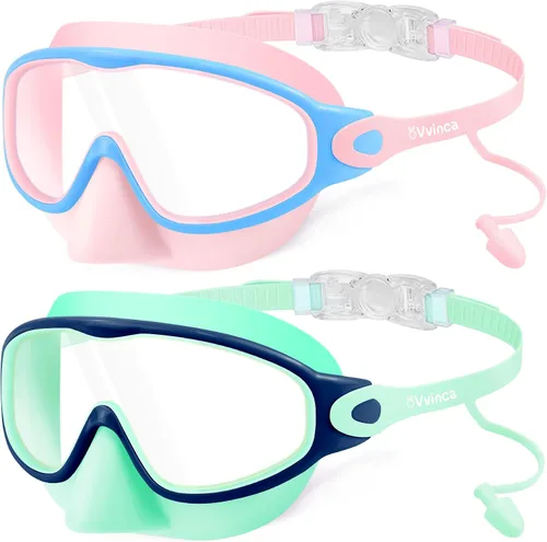 Miniatura 8 de Vvinca Gafas de natación para niños, con tapones para los oídos y clip para la nariz, visión amplia, antivaho y UV, para niños y niñas de 3 a 15 años