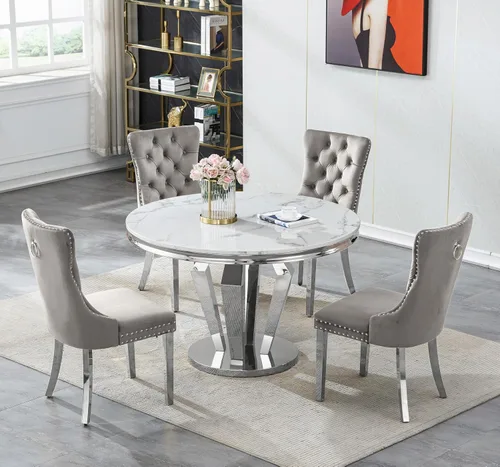 Miniatura 14 de Henf Juego de mesa de comedor redonda de mármol para 6, moderna mesa de comedor de 45 pulgadas con base de acero inoxidable con diseño de diamante