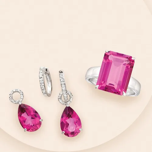 Miniatura 5 de Ross-Simons Pendientes de aro de topacio rosa de 6,50 quilates con detalles de diamante en plata de ley, 1.0in