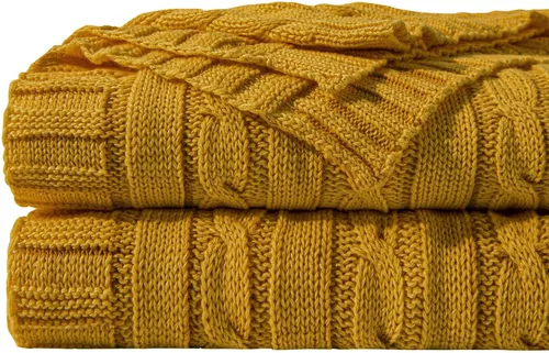Miniatura 9 de NTBAY Manta de punto de cable de 100 % algodón puro, súper suave y cálida de 51 x 67 pulgadas, manta de punto para sofá, sillón, cama, extra Amarillo