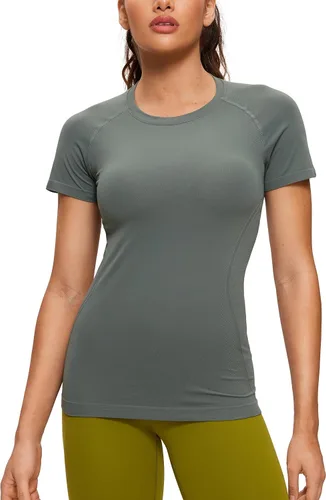 CRZ YOGA Seamless Workout Tops for Women Short Sleeve Athletic Tees Breathable Gym Running Yoga Tshirts Shirts