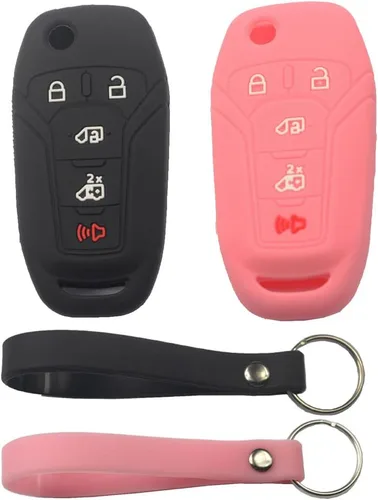 Miniatura 9 de 2 fundas protectoras de silicona de goma negra con 5 botones para llave de control remoto inteligente sin llave con llavero compatible con Ford 2