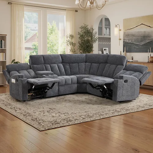 Miniatura 8 de CANMOV Juego de sofá modular reclinable manual, juegos de muebles de tela en forma de L, sofá esquinero modular reclinable y silla reclinable