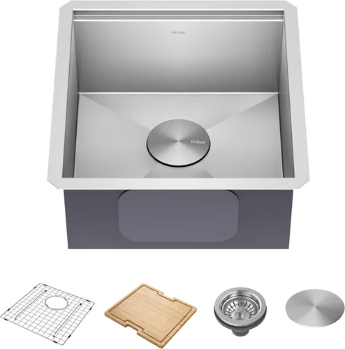KRAUS Kore KWU111-17 - Lavaplatos de cocina o bar con estación de trabajo, 17 pulgadas, cuenco individual, de acero inoxidable calibre 16, con