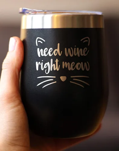 Miniatura 3 de Need Wine Right Meow - Vaso de vino de gato con tapa deslizante, vaso aislado de acero inoxidable sin tallo, regalos divertidos y bonitos