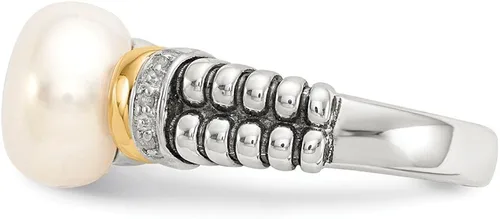 Miniatura 3 de Anillo de plata de ley 925 maciza con diamantes de oro amarillo de 14 k y perlas cultivadas de agua dulce (.03 cttw.)