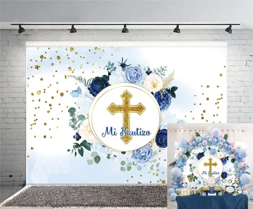 Telón de fondo Mi Bautizo para fiesta de bautismo, primera comunión, fondo de bautizo, flores azules, para niños y niñas, baby shower, decoración de