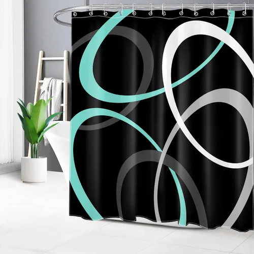Miniatura 27 de EOBTAIN Cortina de ducha con patrón geométrico azul para baño, cortina de ducha abstracta gris y blanca sobre tela negra con 10 ganchos, cortinas