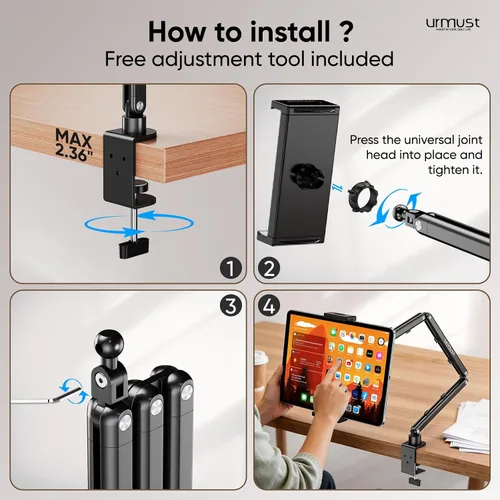 Miniatura 9 de Urmust Soporte de pared para tableta para iPad, rotación de 360°, soporte ajustable para tablet con brazo extensible de aluminio, para iPad
