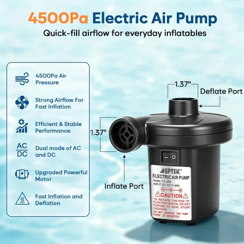Miniatura 2 de Bomba de aire eléctrica AGPTEK, bomba de aire portátil con 3 boquillas, llenado rápido de 4.5kPa, bombas infladoras/desinfladoras de 110V CA/12V CC