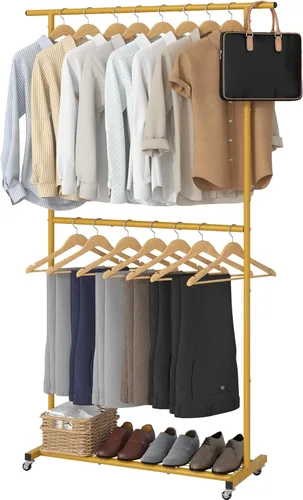 Miniatura 12 de Sywhitta Perchero de ropa de doble barra, colgador de abrigos rodante con malla inferior, perchero para colgar ropa, abrigos, faldas, suéteres