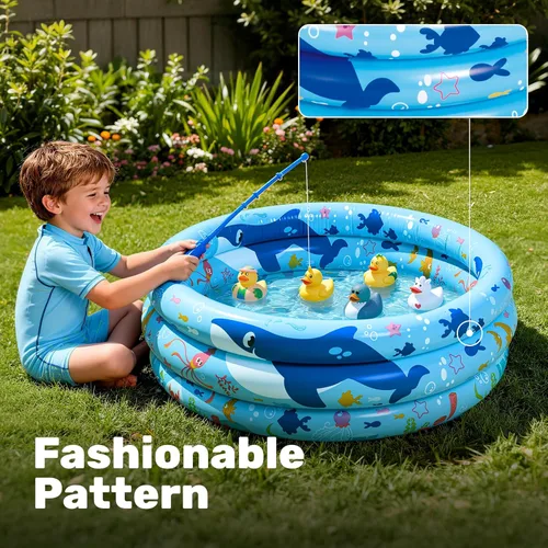 Miniatura 5 de Sloosh Piscina inflable para niños, 34 x 10 pulgadas, piscina inflable para niños, 3 anillos, piscina azul para bebés para niños, hoyo de juego