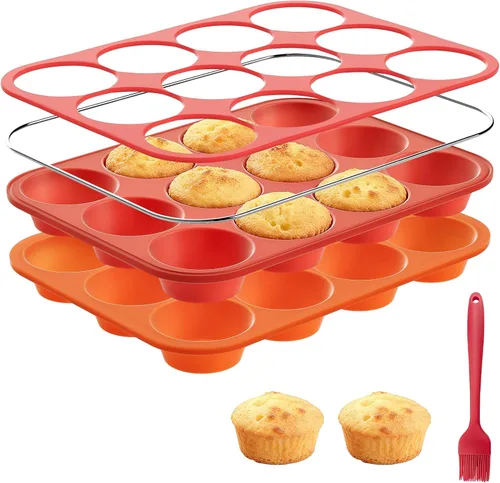 Miniatura 9 de Juego de moldes de silicona para muffins, 2 piezas de 2.8 pulgadas, 12 tazas, molde para mordedura de huevo, antiadherente, fácil liberación