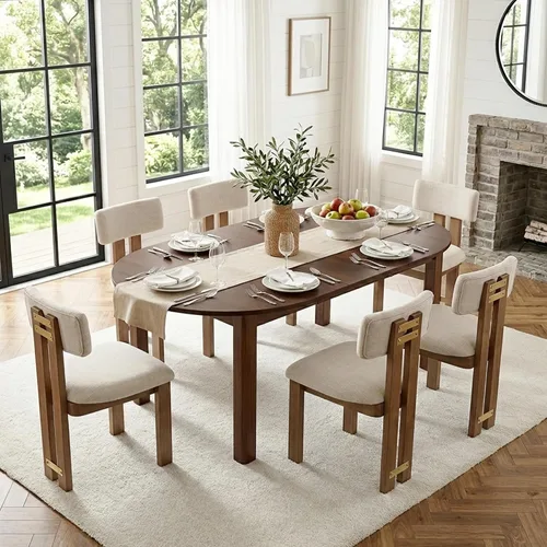 HNY Juego de 6 sillas de comedor de estilo moderno de granja con lino, sillas tapizadas en tela beige para cocina y comedor con estructura de madera