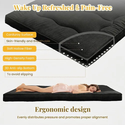 Miniatura 4 de cidludto Colchón de futón japonés de tamaño individual, sofá cama de 4 pulgadas, colchón de suelo para adultos, tapete de tatami más grueso, Negro