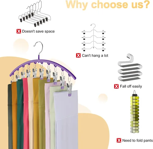 Miniatura 2 de Organizador de leggings para armario, colgador de metal para pantalones de yoga con revestimiento de goma, paquete de 2 con 10 clips para 20 Morado