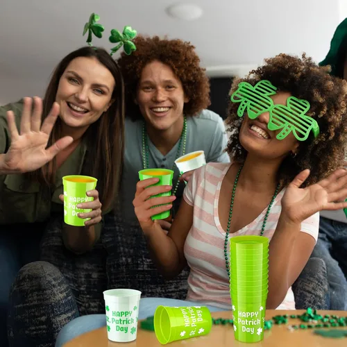 Miniatura 5 de Maxcheck 120 vasos de plástico desechables para fiesta del día de San Patricio a granel, feliz día de San Patricio, 10 onzas, trébol irlandés