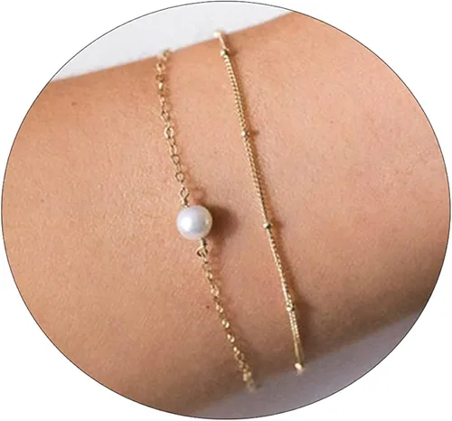 ASCOMY Delicadas pulseras de perlas para mujer, chapadas en oro de 14 quilates, hechas a mano, pulsera de perlas con clip, joyería de regalo para