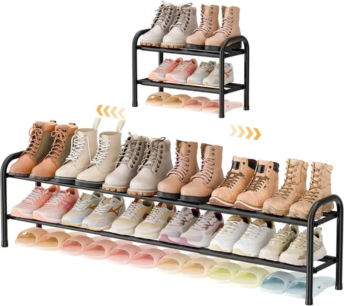 Miniatura 13 de ENJOYBASICS Zapatero ampliable, estante de zapatos ajustable de 2 niveles para clóset, zapatero de metal negro independiente para guardar zapatos