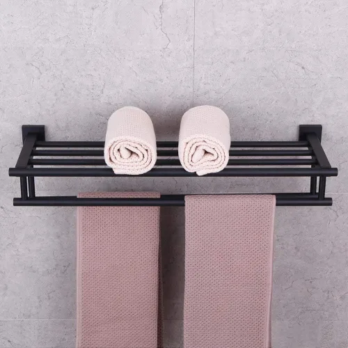 Miniatura 4 de GERZWY Estante de toalla con doble toallero organizador para baño, 24 pulgadas, acero inoxidable SUS 304, montaje en pared, moderno color negro mate