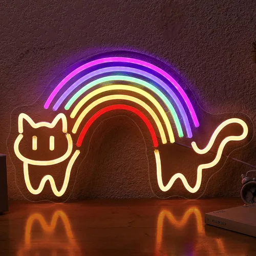 Letrero de neón de gato arcoíris para decoración de pared, letrero de luz de neón de arco iris, regulable, alimentado por USB, luz LED de neón para