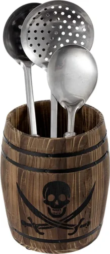 MyGift Cántaro para Utensilios de Cocina Estilo Barril de Ron de Piratas de Madera Rústica Quemada, Soporte para Herramientas de Cocina Estilo