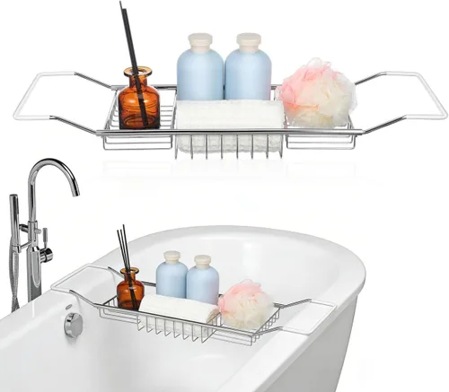 Miniatura 10 de Cabilock Bandeja de baño de acero inoxidable de lujo – Estante de baño moderno expandible de 24.8 pulgadas para bañera con copa de vino y soporte