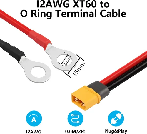 Miniatura 3 de SinLoon XT60 - Cable de terminal de anillo tórico 12AWG 23.6 pulgadas XT60H macho a junta tórica, cable conector para aviones RC, juguete, autos