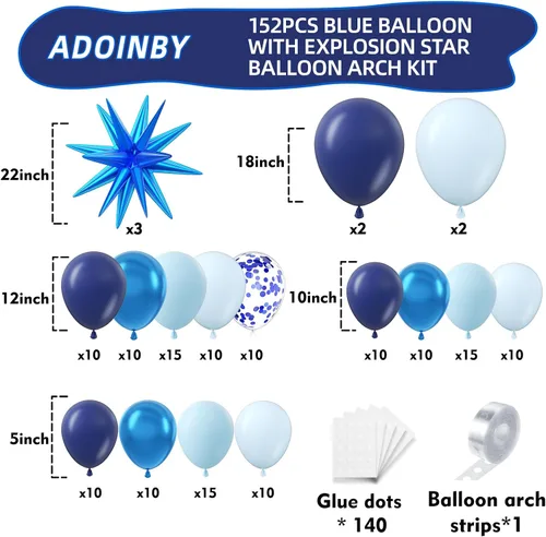 Miniatura 2 de Kit de Arco de Globos Azul ADOINBY, kit de 152 piezas de globos cromados macarrón azul marino y estrellas, kit de globos de diferentes tamaños