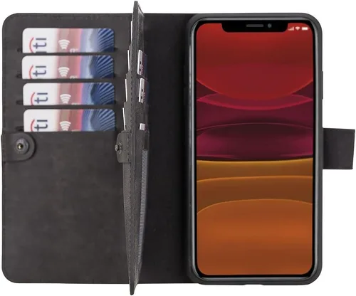 Miniatura 2 de HARDISTON Funda de piel auténtica de alta calidad hecha a mano para iPhone 11 Pro de 5.8 pulgadas, tarjeteros de doble folio, funda magnética Negro