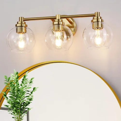 Lámparas de baño de 3 luces, moderna lámpara de tocador con pantalla de cristal de globo, luces de baño doradas cepilladas sobre el espejo, luces de